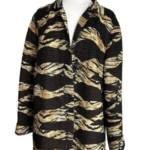 Chicos Womens Size 2 Large Blazer Tiger Animal Print Brown Open Front Crinkle